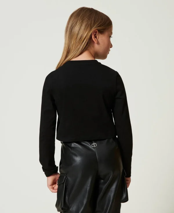 T-Shirts Et Tops*TWINSET Milano T-shirt Cropped Avec Logo Caoutchouté Noir