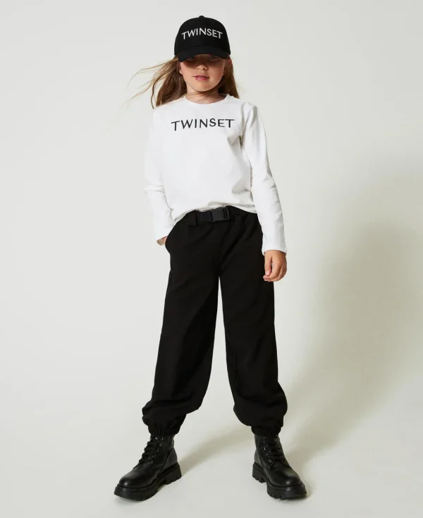 tshirt_cropped_avec_logo__4-1.webp T-Shirts Et Tops*TWINSET Milano T-shirt Cropped Avec Logo Brodé Bicolore Blanc Cassé / Noir