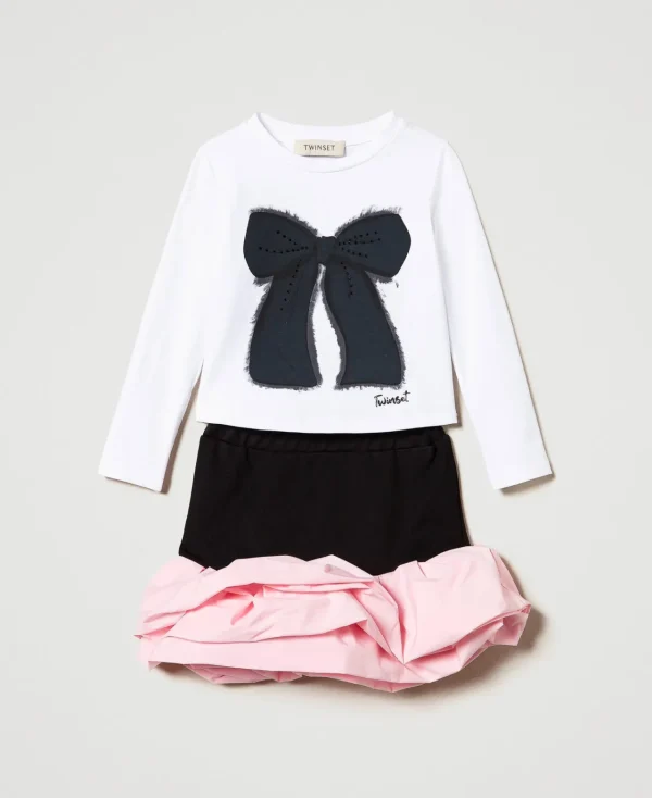 Robes*TWINSET Milano T-shirt Imprimé Et Jupe Volantée Bicolore Noir/Pink Orchid