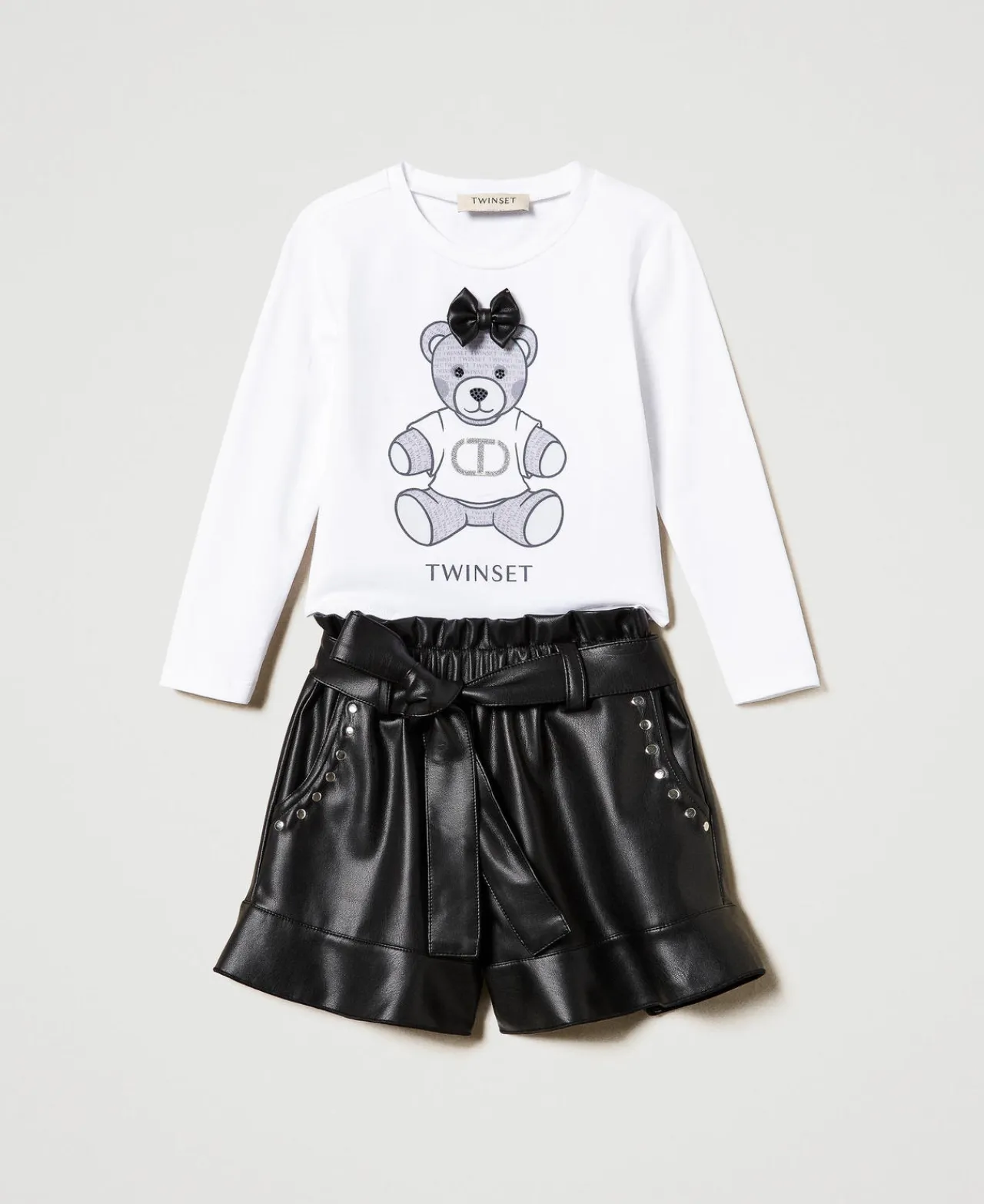 Pantalons Et Jeans | T-Shirts Et Tops*TWINSET Milano T-shirt Imprimé Et Short Volanté Bicolore Blanc Cassé / Noir
