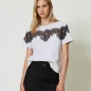 T-Shirts Et Tops*TWINSET Milano T-shirt Regular Avec Dentelle Incrustée Bicolore Argent/Gris « Blackened Pearl »