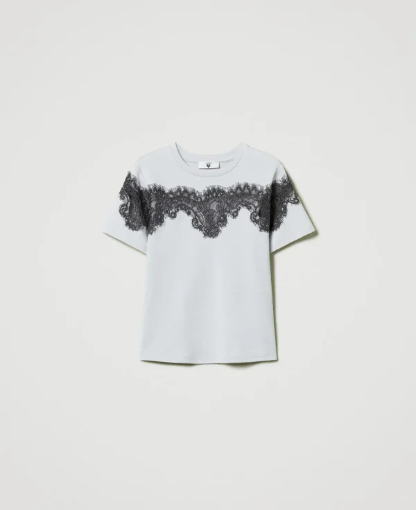tshirt_regular_avec_dente_1.webp T-Shirts Et Tops*TWINSET Milano T-shirt Regular Avec Dentelle Incrustée Bicolore Argent/Gris « Blackened Pearl »