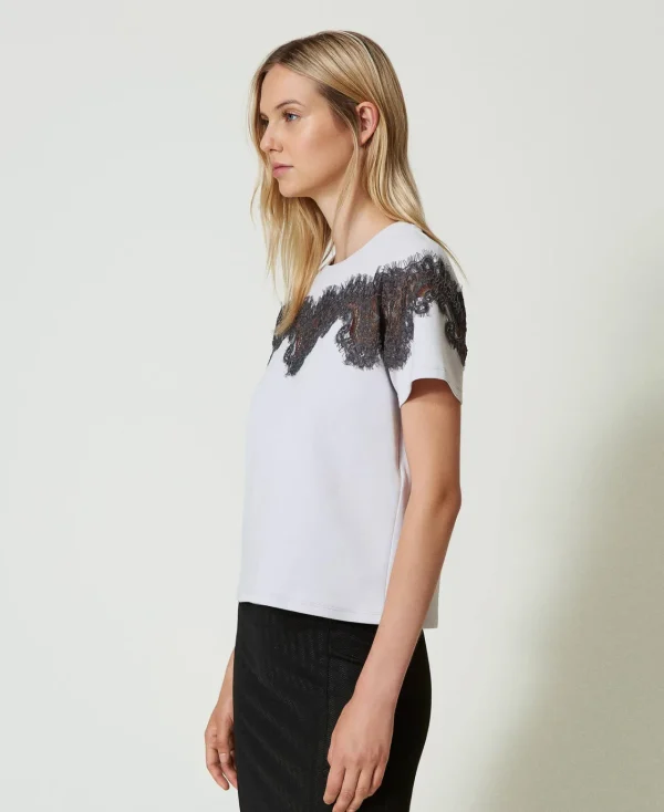 tshirt_regular_avec_dente_2.webp T-Shirts Et Tops*TWINSET Milano T-shirt Regular Avec Dentelle Incrustée Bicolore Argent/Gris « Blackened Pearl »