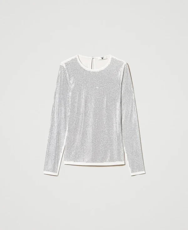 tshirt_stretch_avec_stras_1.webp T-Shirts Et Tops*TWINSET Milano T-shirt Stretch Avec Strass All-over Off White