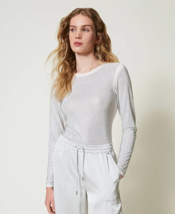 tshirt_stretch_avec_stras_2.webp T-Shirts Et Tops*TWINSET Milano T-shirt Stretch Avec Strass All-over Off White
